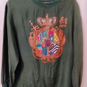 Della Roufogali 100% Silk Green Top With Crest Print